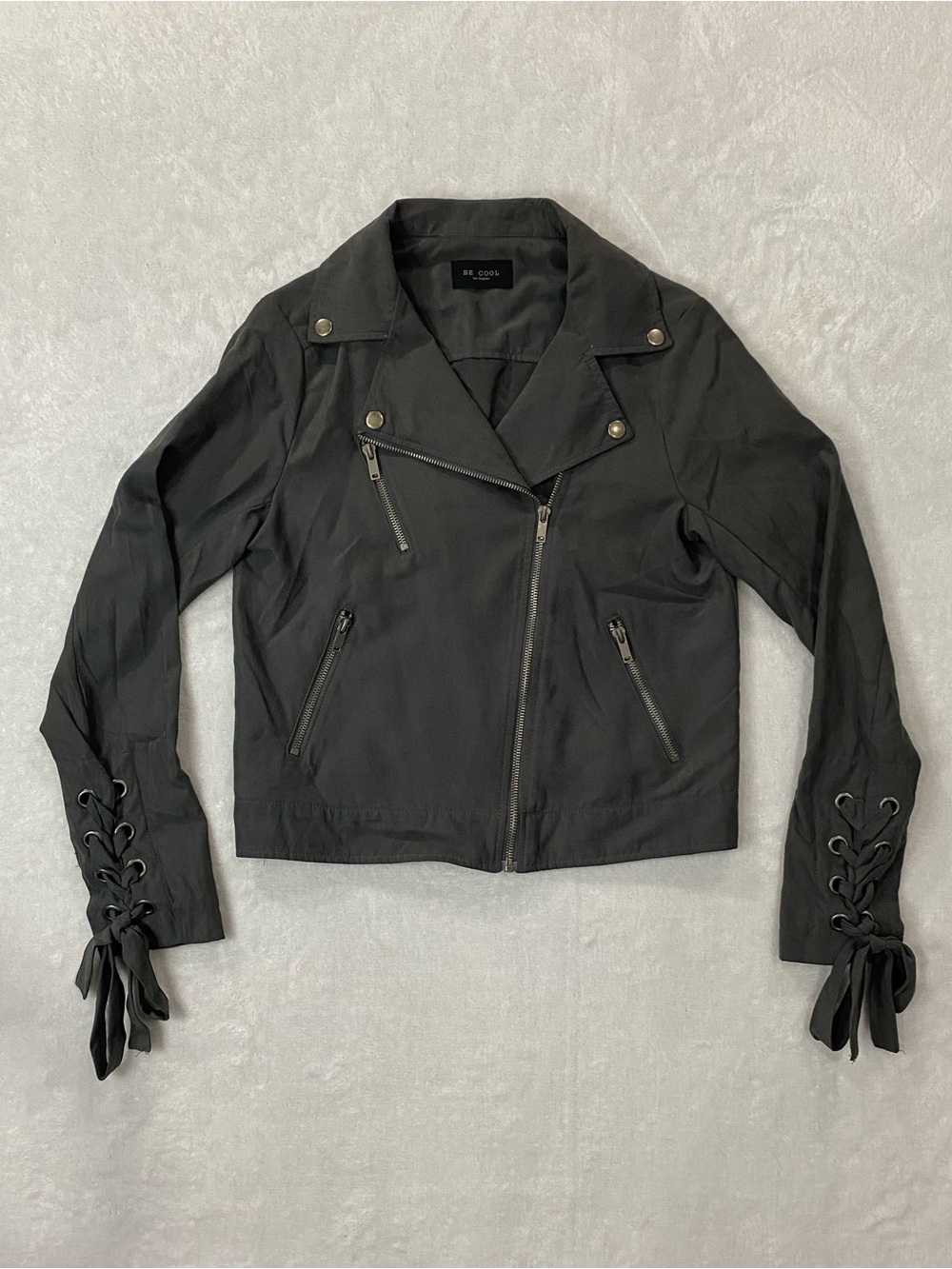 Grey Zipper Lace-Up Sleeve Moto Jacket